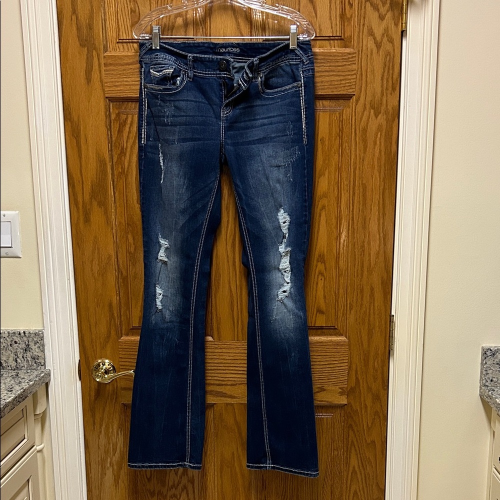 Maurices Dark Blue Flare Jeans with Distressed Details